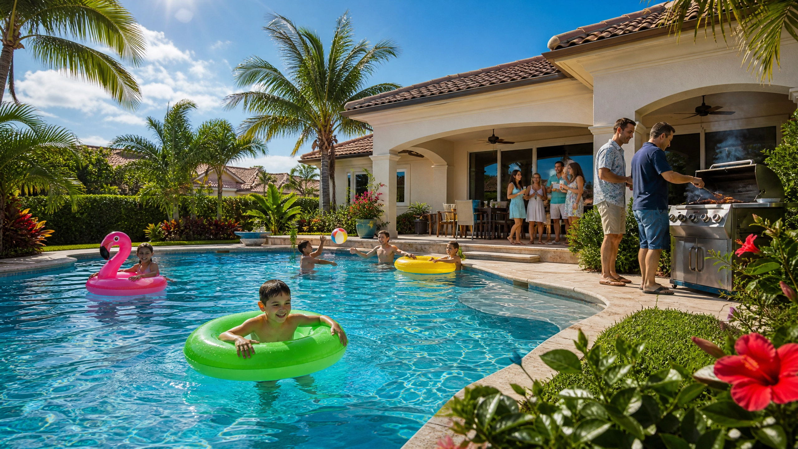 Families enjoying a sparkling clean pool at a Florida property managed by PM Pools